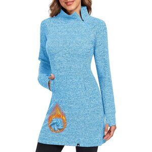 Women's Fleece Dress Running Sweatshirt Dress Thumb Holes Pocket Zip-Light Blue